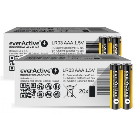 EverActive - Batterie Alcaline Industriali AAA LR03 MiniStilo 1100 Mah - 2 Confezione Da 40 Batterie